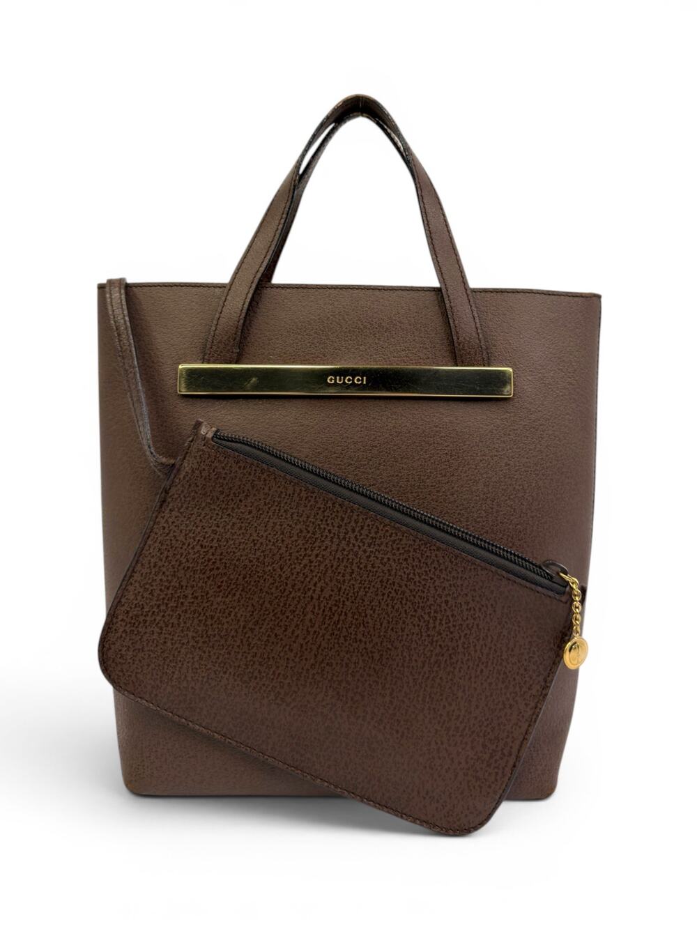 Vintage Gucci Brown Leather Gold Bar Tote Bag w/ Removable Zip Pouch